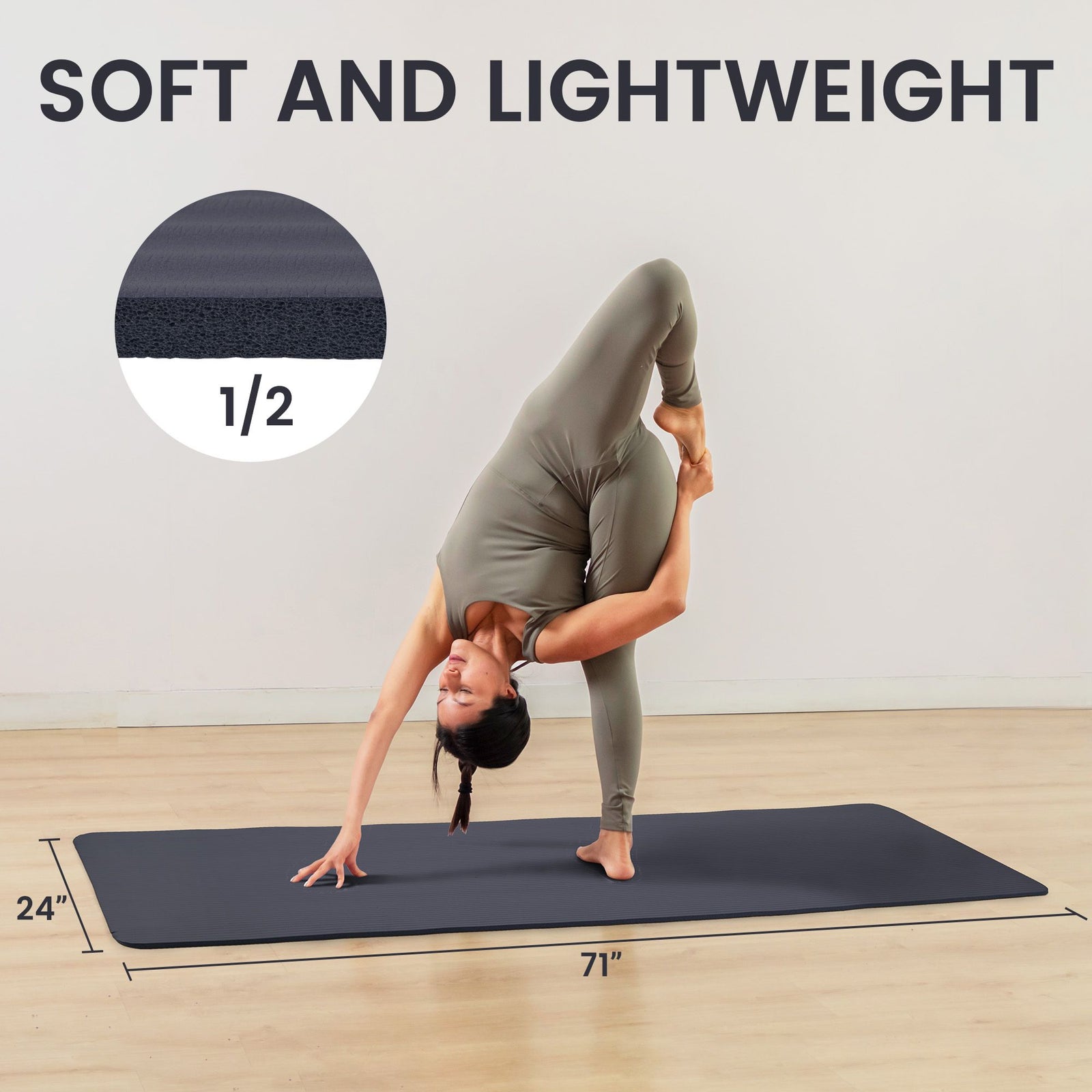 Fitvids 1/2" Thick High Density Exercise Yoga Mat, Carrying Strap, Graphite - VMInnovations
