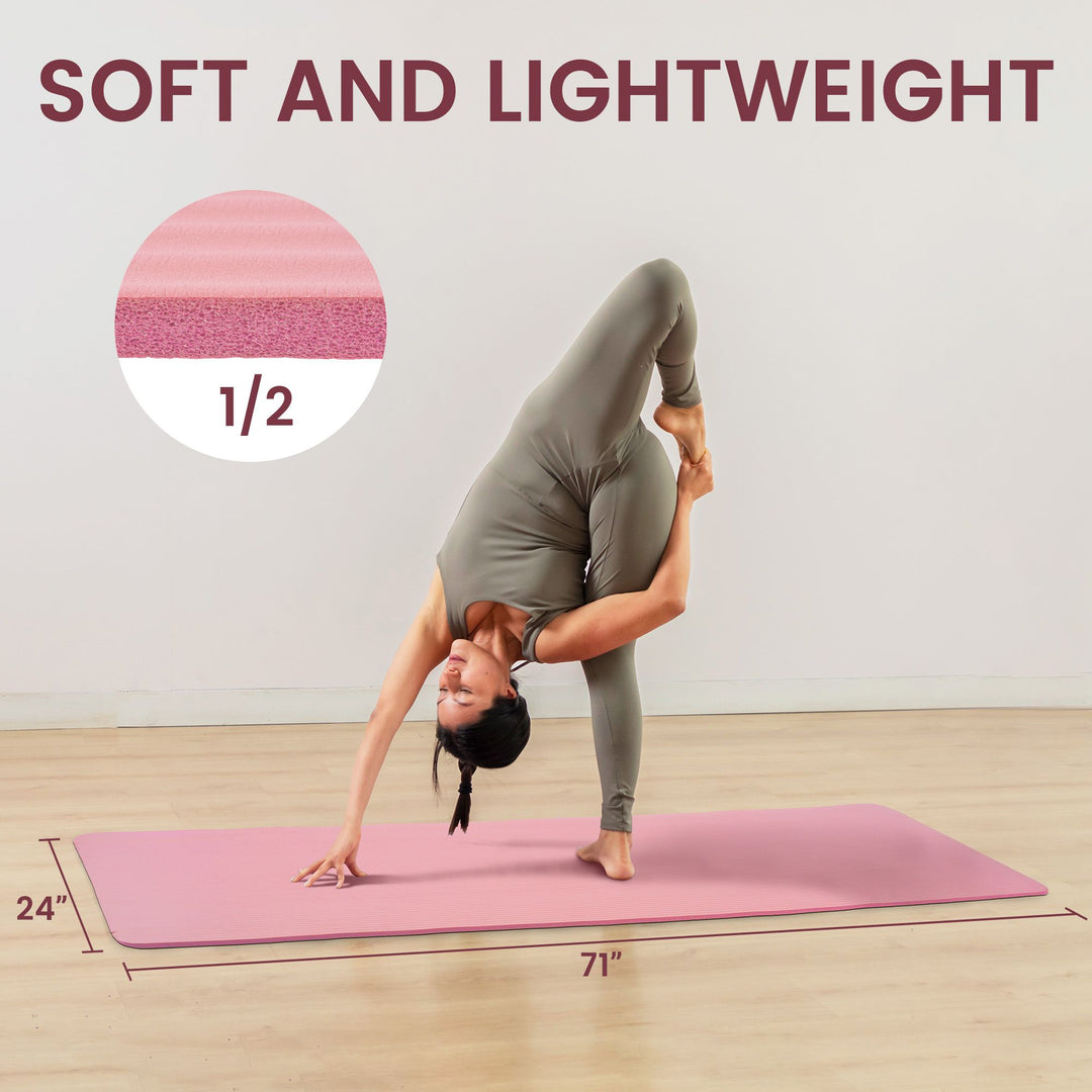 Fitvids 1/2" Thick High Density Exercise Yoga Mat, Carrying Strap, Pink (Used)