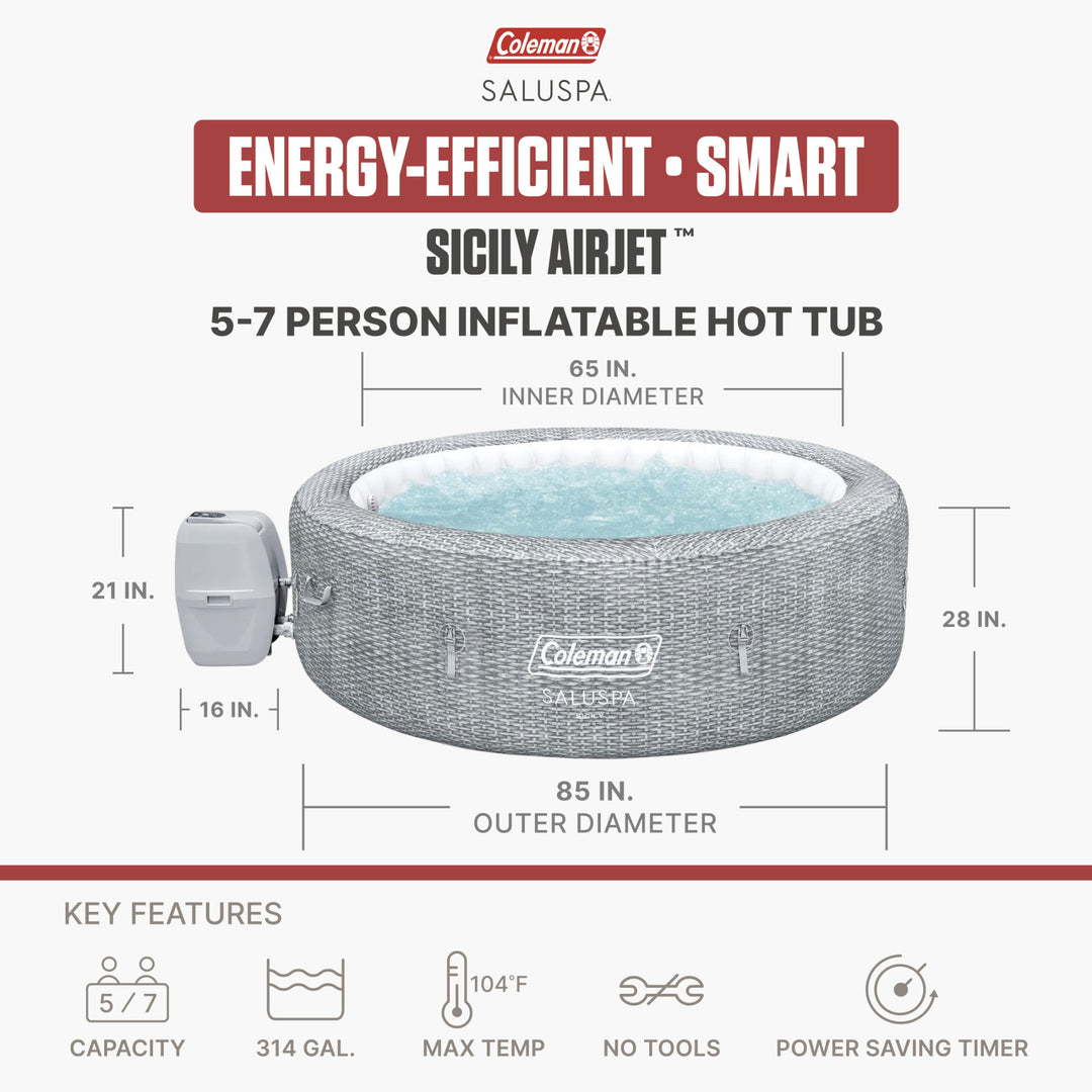 Coleman Sicily 5-7 Person AirJet Inflatable Hot Tub with EnergySense Cover, Grey