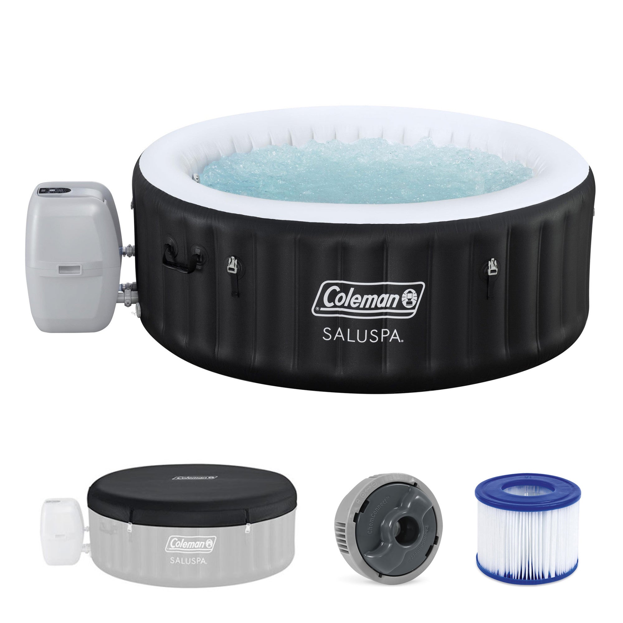 Coleman Miami 2-4 Person AirJet Inflatable Hot Tub with Cover, Black (Open Box) - VMInnovations