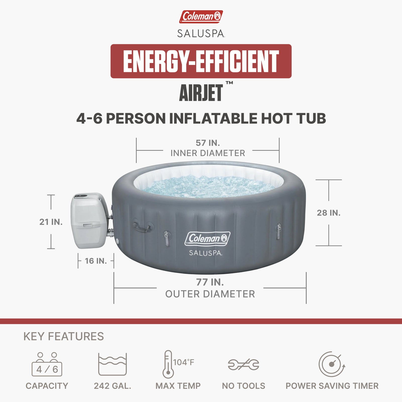 Coleman 4-6 Person  Inflatable Hot Tub w/EnergySense Cover,77"x28" (Open Box) - VMInnovations