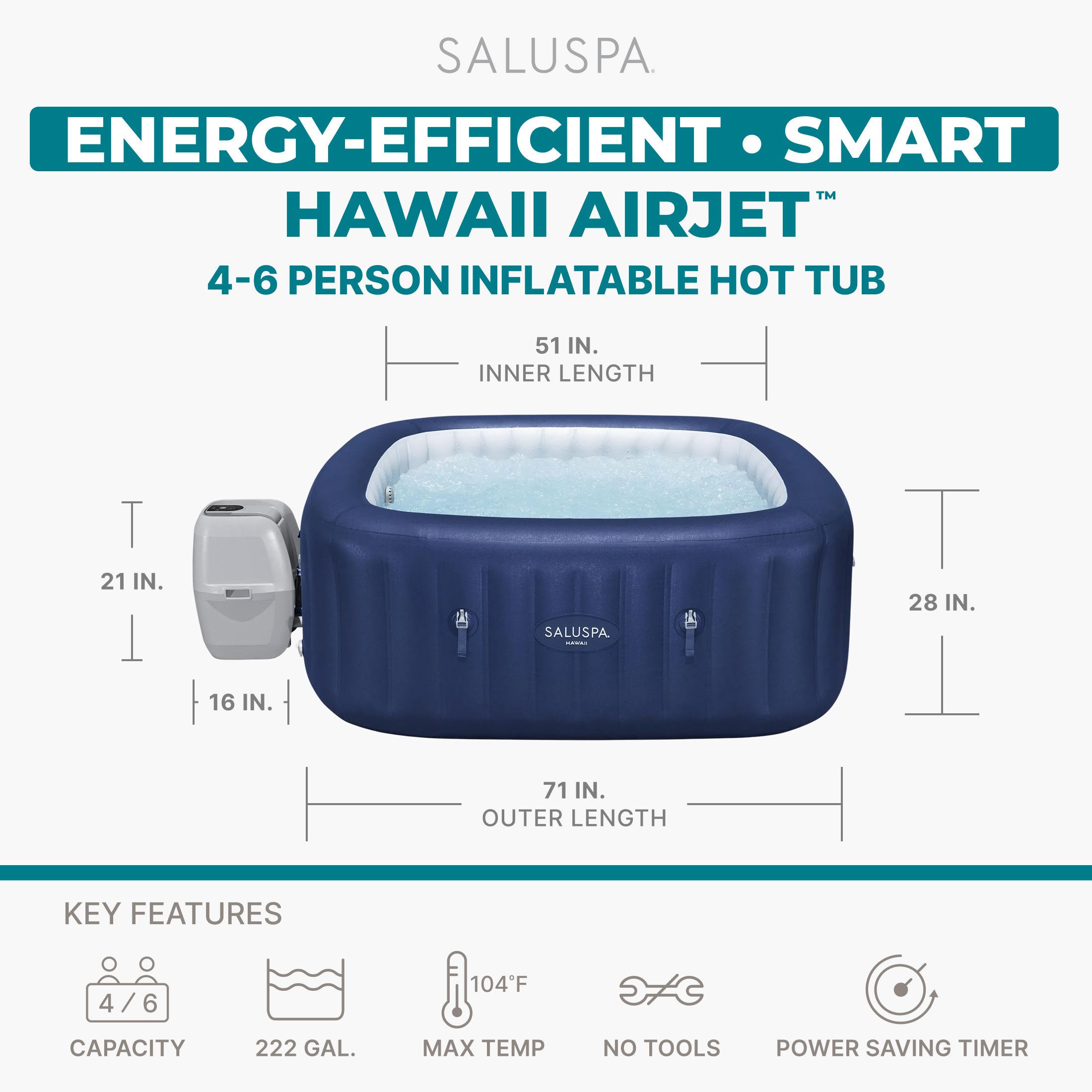 SaluSpa Hawaii Energy-Smart AirJet Inflatable Hot Tub w/ App-Control (For Parts) - VMInnovations