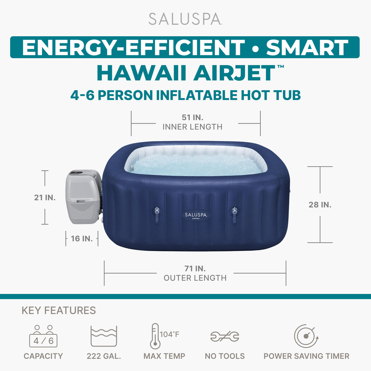 SaluSpa Hawaii Energy-Smart AirJet Inflatable Hot Tub w/ App-Control (Open Box)