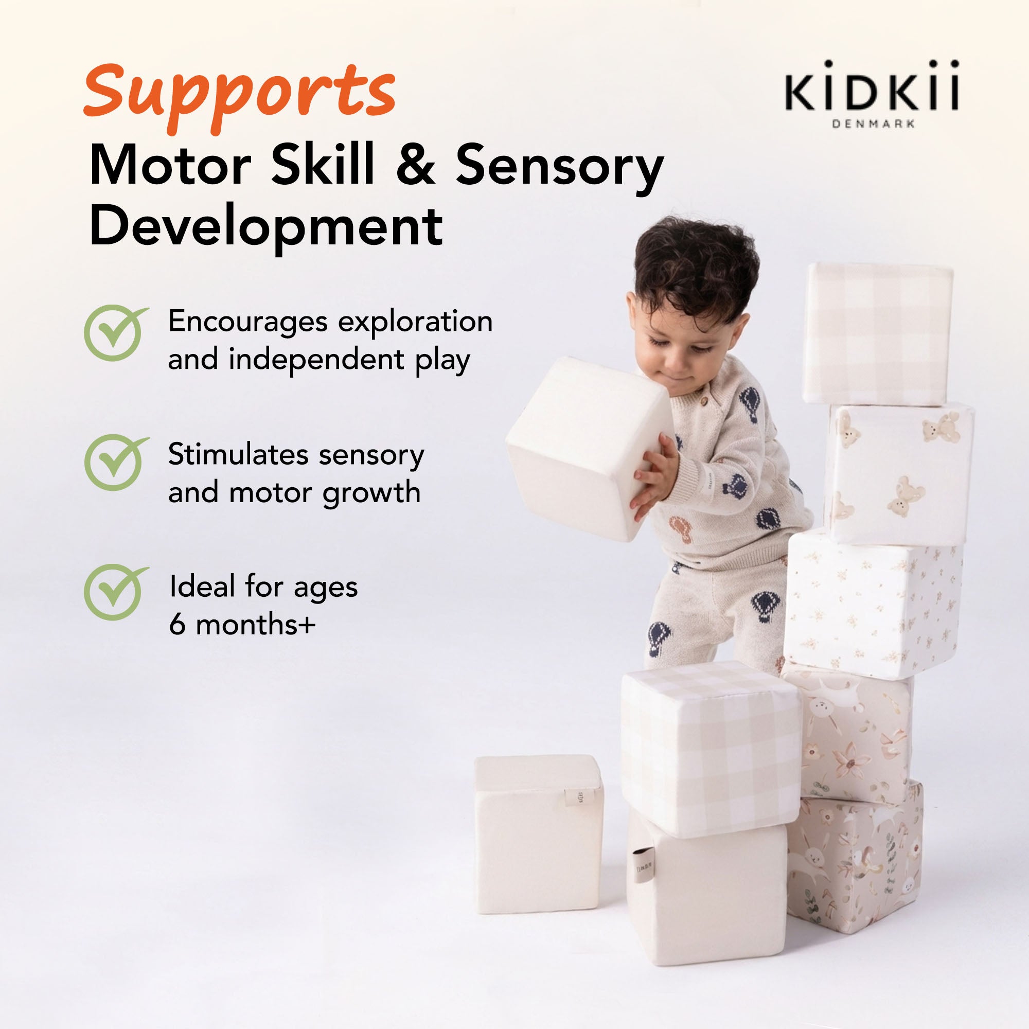 KIDKII 9 Piece Set Mini Builder Cubes Soft Foam Stackable Toddler Blocks, Beige - VMInnovations
