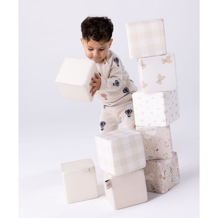 KIDKII 9 Piece Set Mini Builder Cubes Soft Foam Stackable Toddler Blocks, Beige