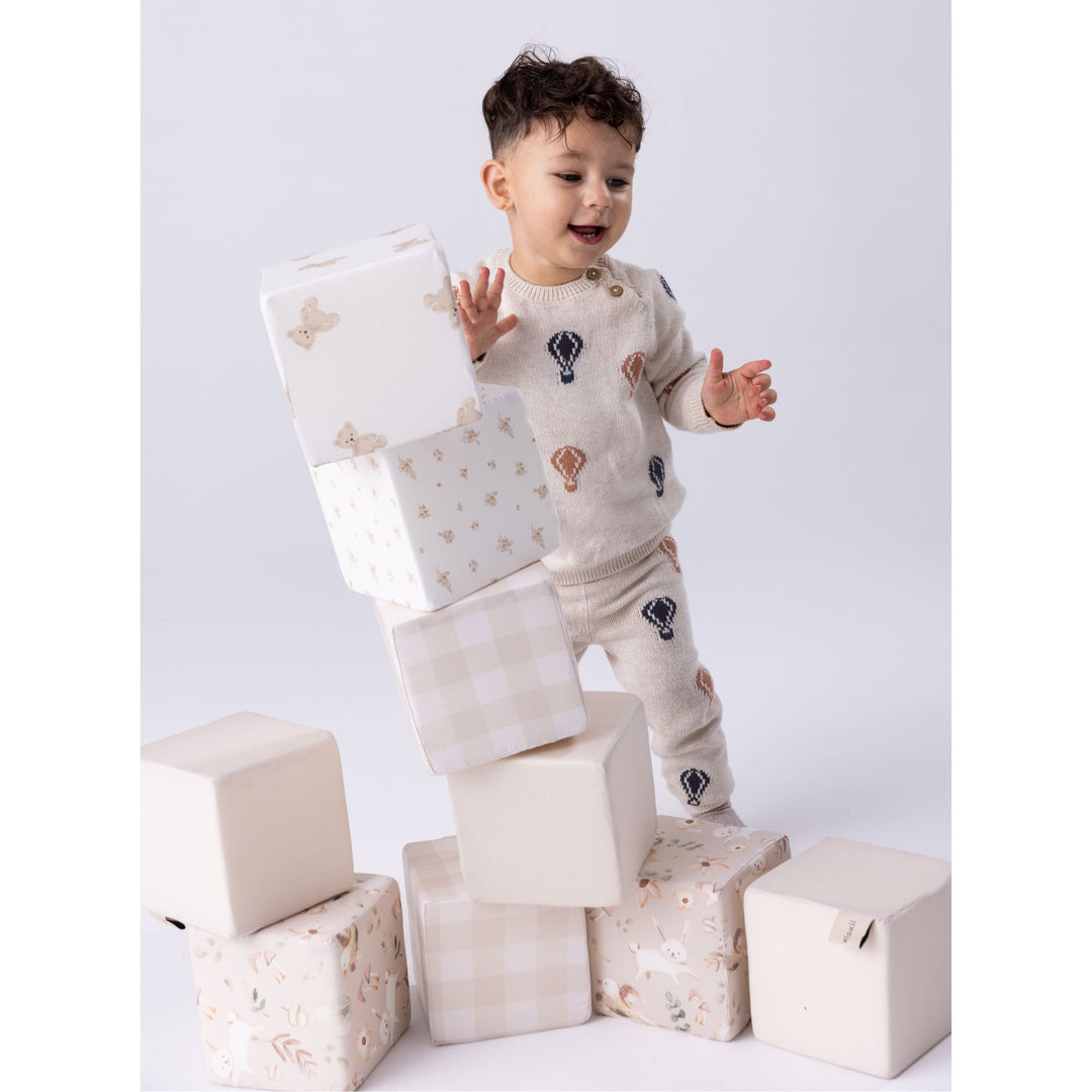 KIDKII 9 Piece Set Mini Builder Cubes Soft Foam Stackable Toddler Blocks, Beige