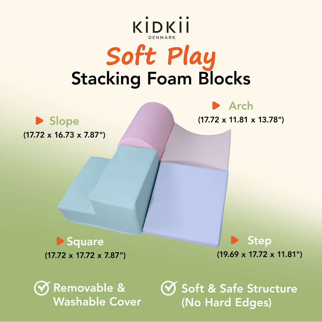 KIDKII 4 Piece Set Soft Play Original Foam Blocks for Toddlers Play Gym, Pastel