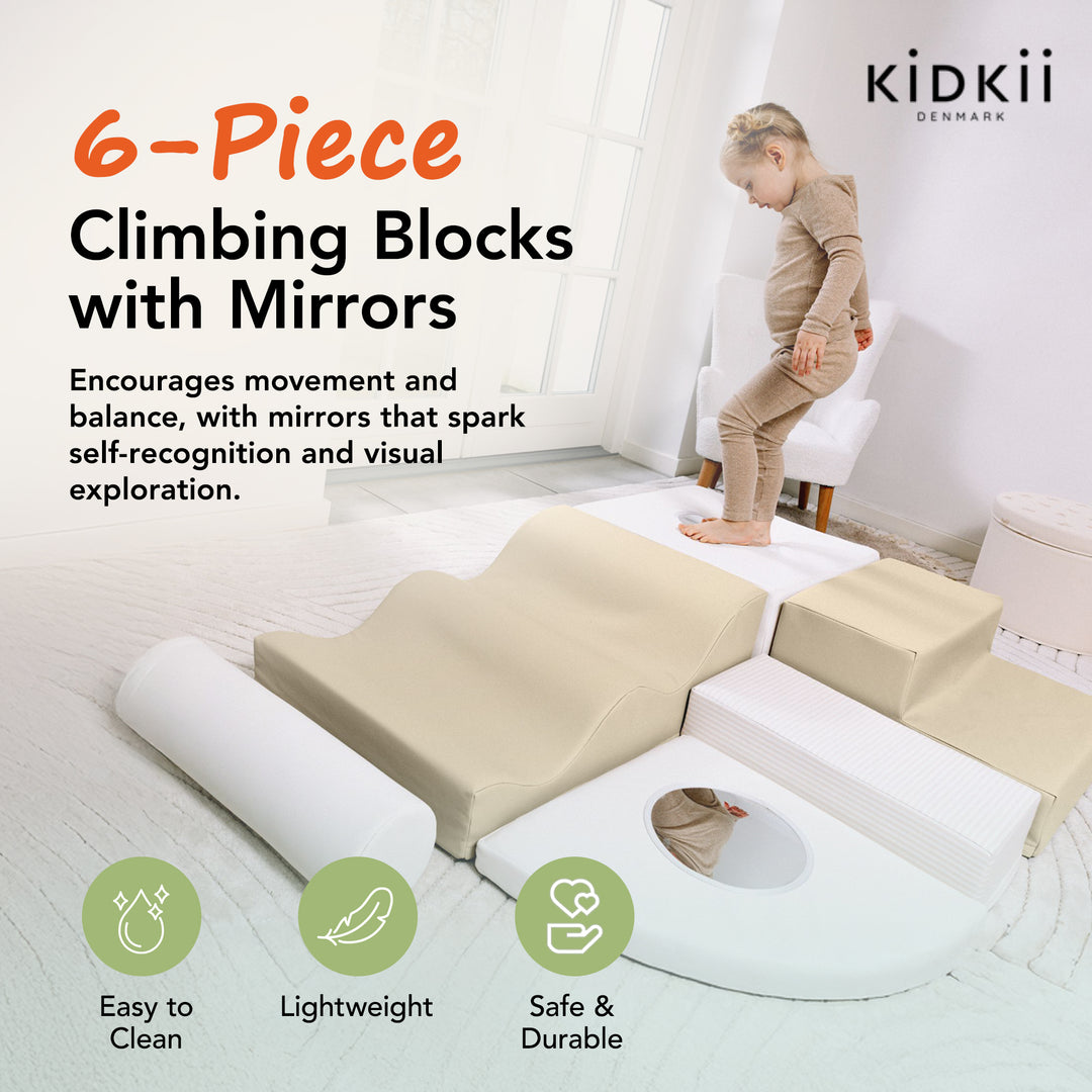 KIDKII 6 Piece Mirror Soft Play Foam Climbing Sensory Blocks Toddler Toy, Beige