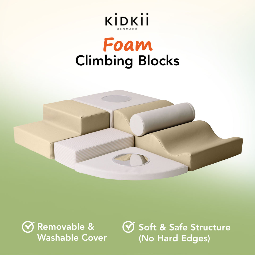 KIDKII 6 Piece Mirror Soft Play Foam Climbing Sensory Blocks Toddler Toy, Beige