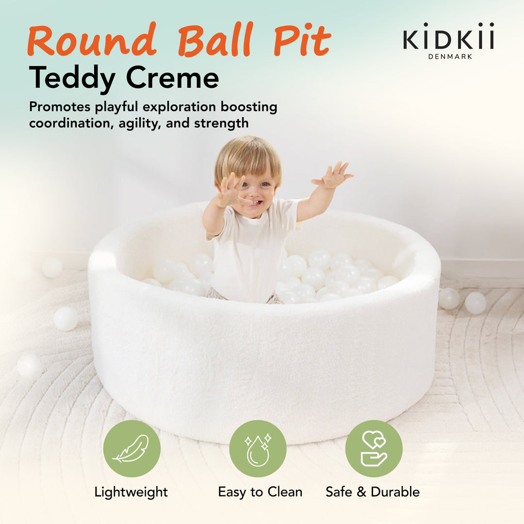 KIDKII Round Ball Pit Soft Teddy Indoor Play Toy for Toddlers, 200 Balls, Cream