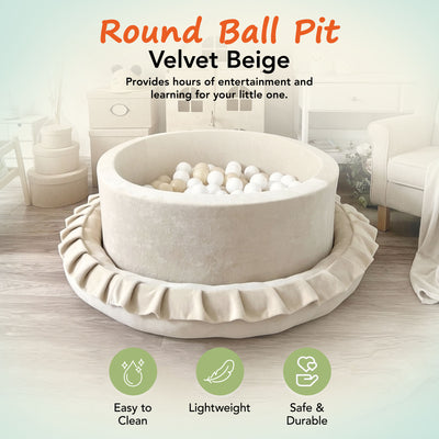 KIDKII Round Ball Pit Soft Velvet Indoor Play Toy for Toddlers, 150 Balls, Beige - VMInnovations