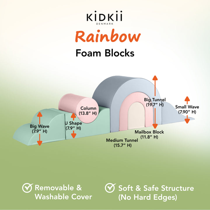 KIDKII Rainbow Play Set 7-Piece Foam Climbing & Motor Skill Play Kit, Pastel Mix
