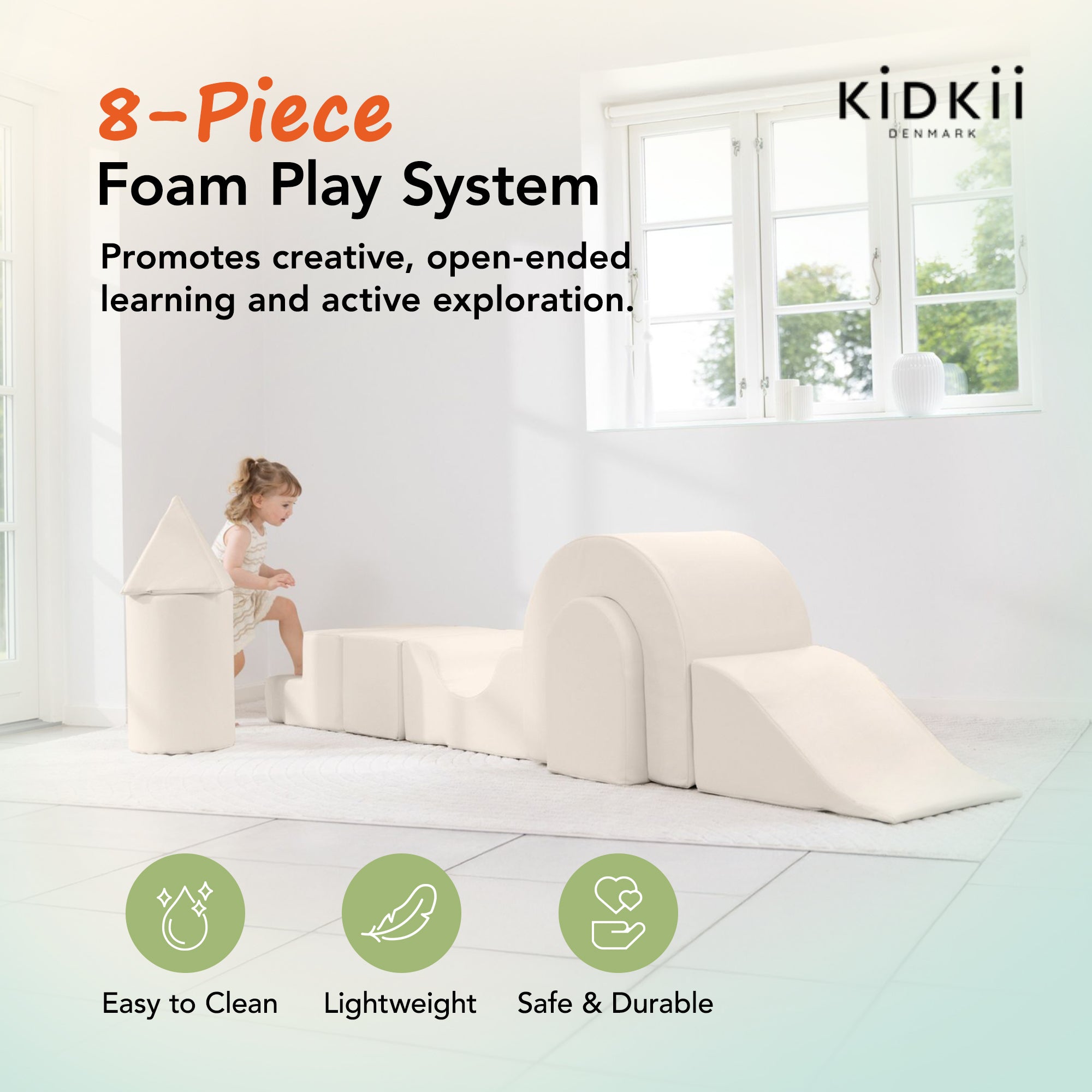 KIDKII Lux Play Set 8-Piece Firm Foam Climbing and Motor Skill Play Kit, Beige - VMInnovations