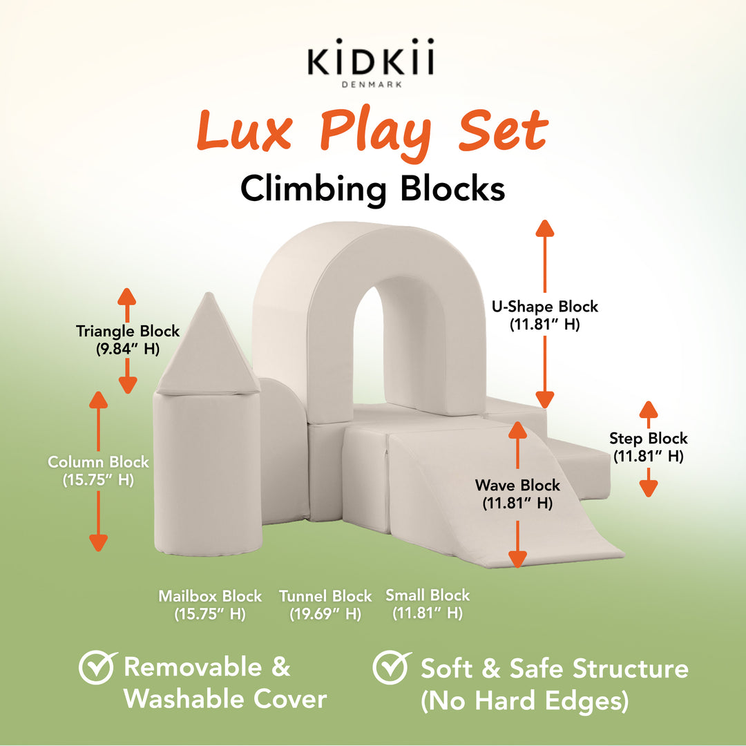 KIDKII Lux Play Set 8-Piece Firm Foam Climbing and Motor Skill Play Kit, Beige