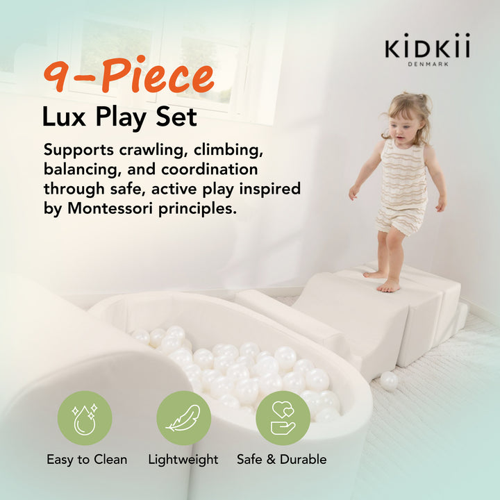 KIDKII Lux Play Set 9-Piece Firm Foam Climbing and Ball Pit for Toddlers, Beige