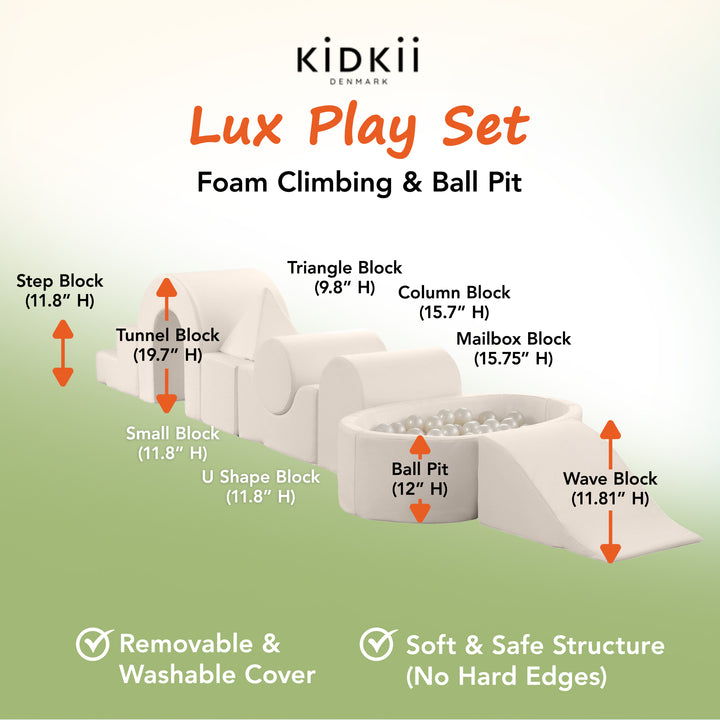 KIDKII Lux Play Set 9-Piece Firm Foam Climbing and Ball Pit for Toddlers, Beige