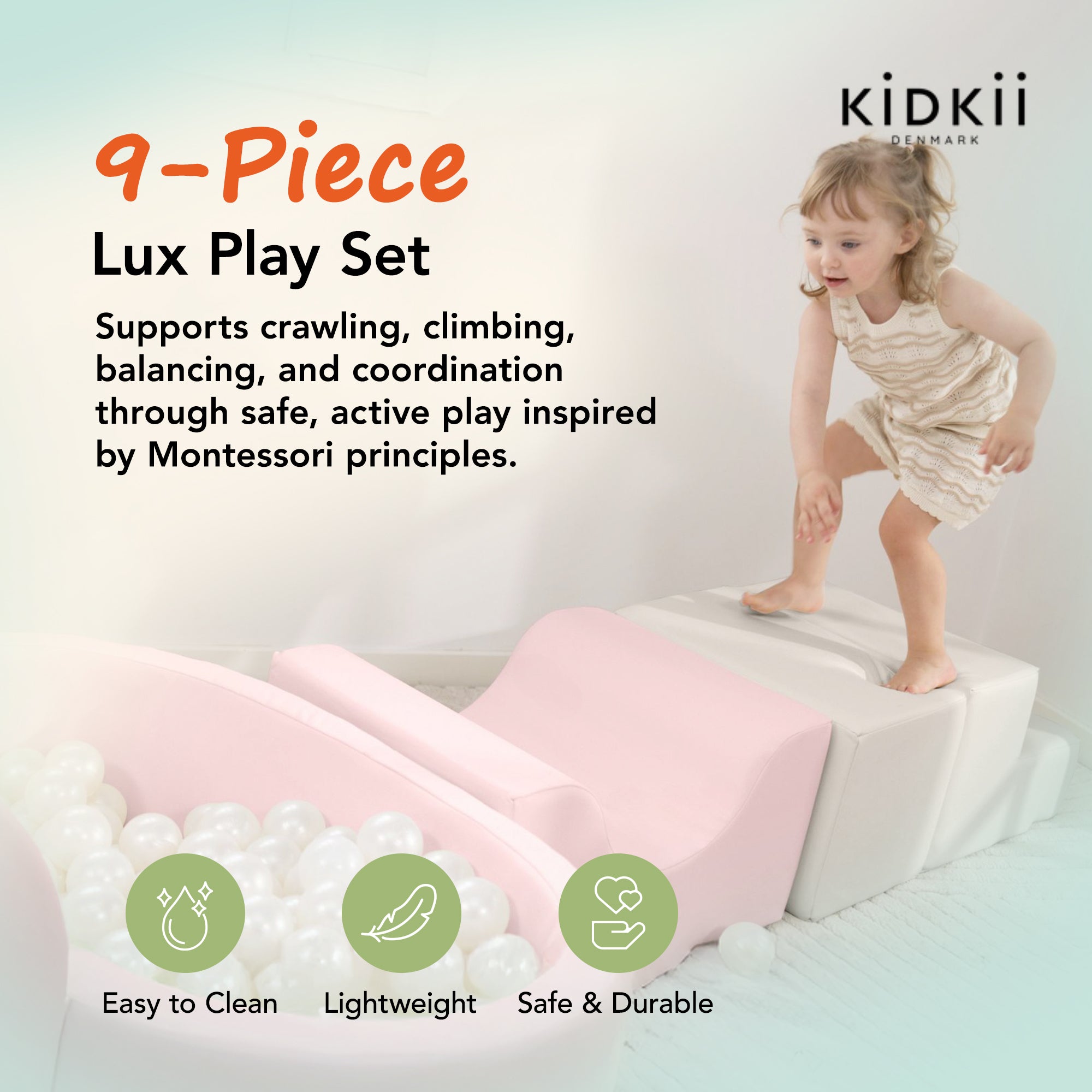 KIDKII Lux Play Set 9-Piece Foam Climbing and Ball Pit for Toddlers, Pastel Mix - VMInnovations