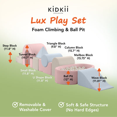KIDKII Lux Play Set 9-Piece Foam Climbing and Ball Pit for Toddlers, Pastel Mix - VMInnovations