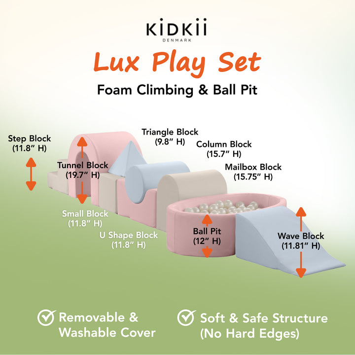 KIDKII Lux Play Set 9-Piece Foam Climbing and Ball Pit for Toddlers, Pastel Mix