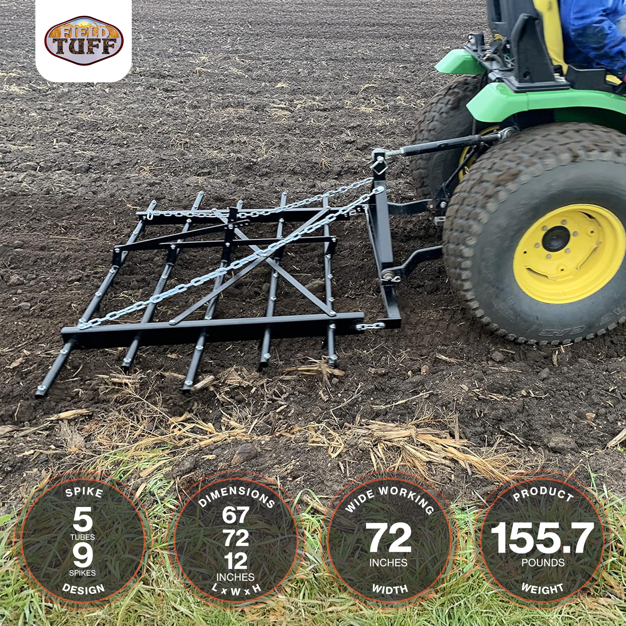 Field Tuff Spike Drag, Durable Tow-Behind Steel for Compact Tractors, 72", Black