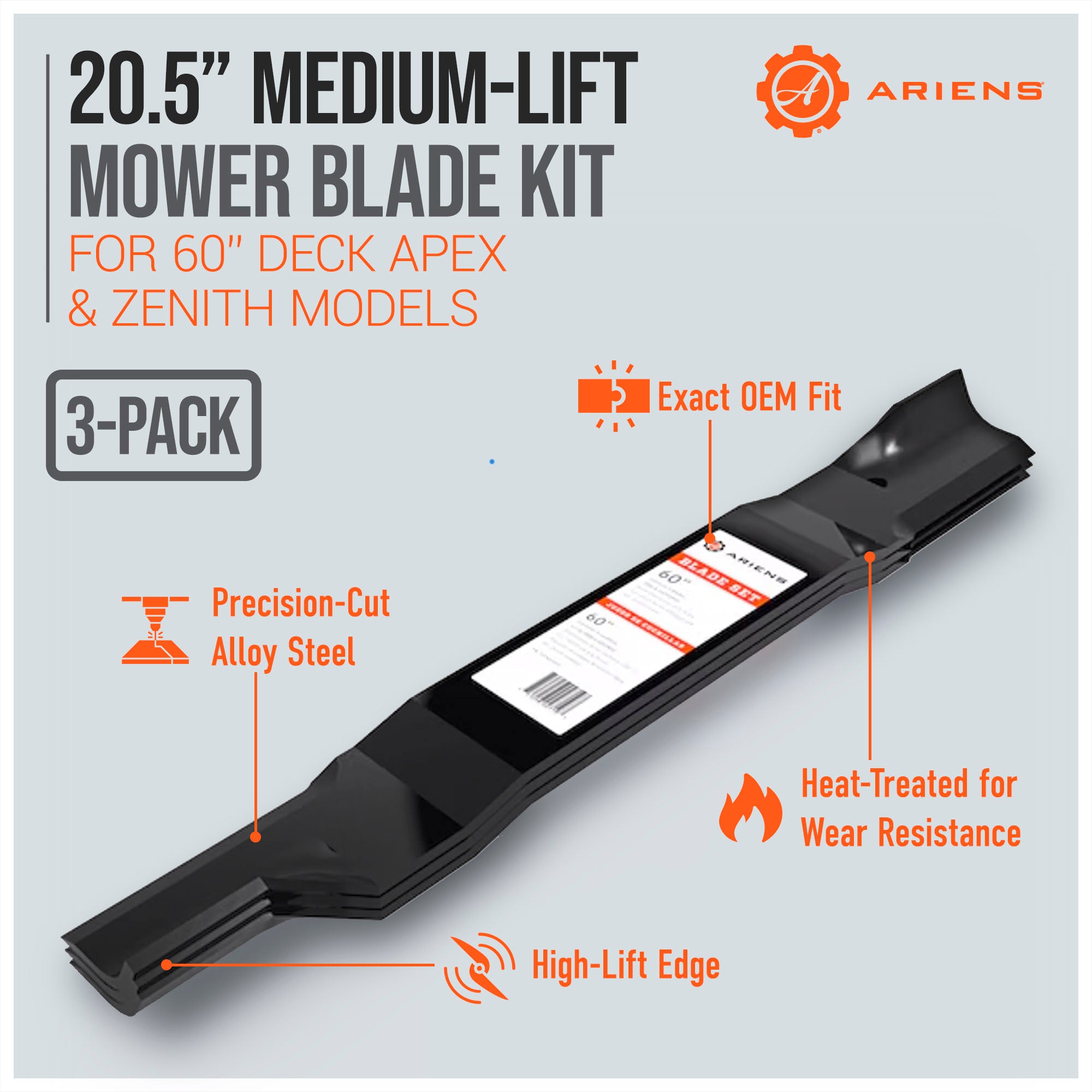 Ariens 3 Pack Steel Medium-Lift 20.5" Mower Blades for 60" Deck APEX & ZENITH