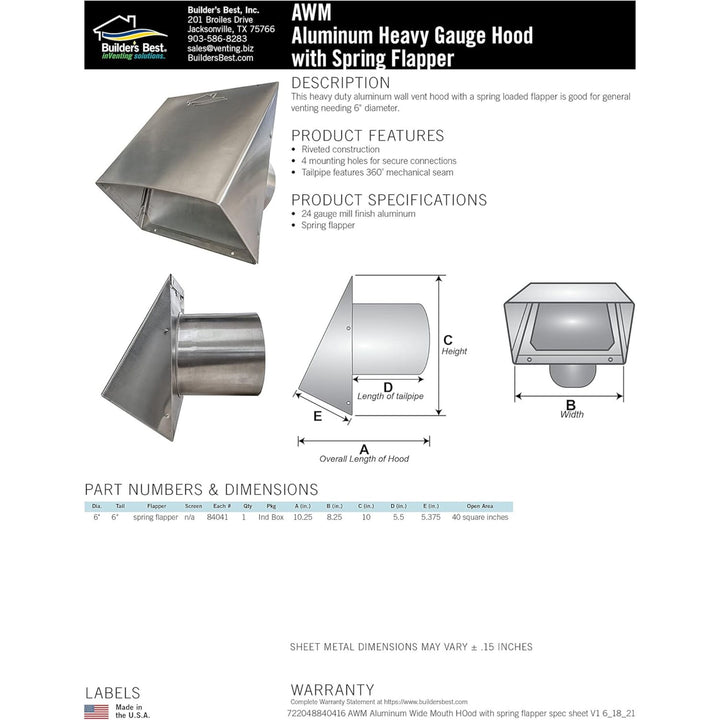Builder's Best Heavy Gauge Outdoor Wall Vent Hood with Spring Loaded Damper