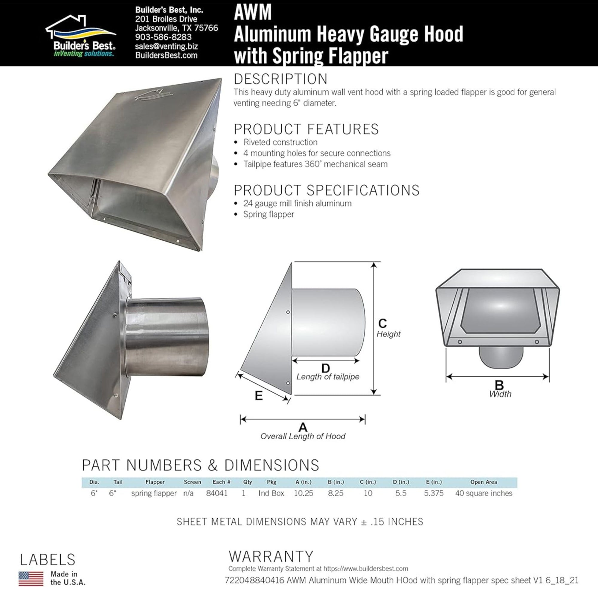 Builder's Best Heavy Gauge Wall Vent Hood w/Spring Loaded Damper (Open Box) - VMInnovations