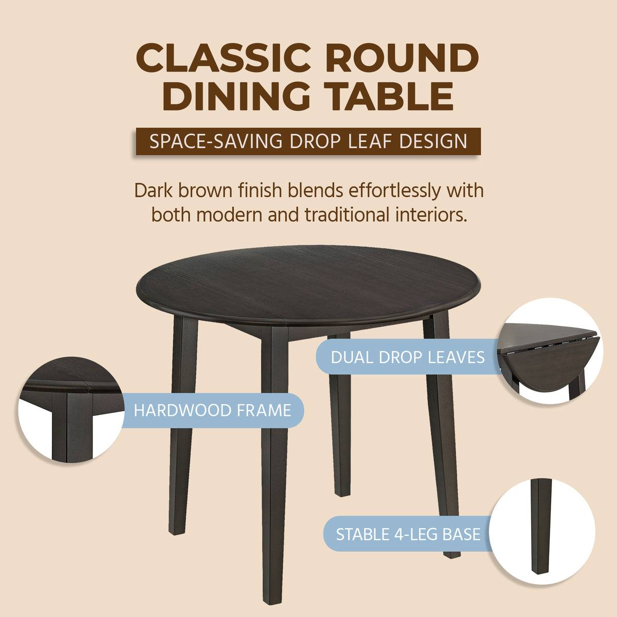 ROME + OAK Drop Leaf Table with Set of 2 X-Back Chairs, Wooden Dining Set, Brown
