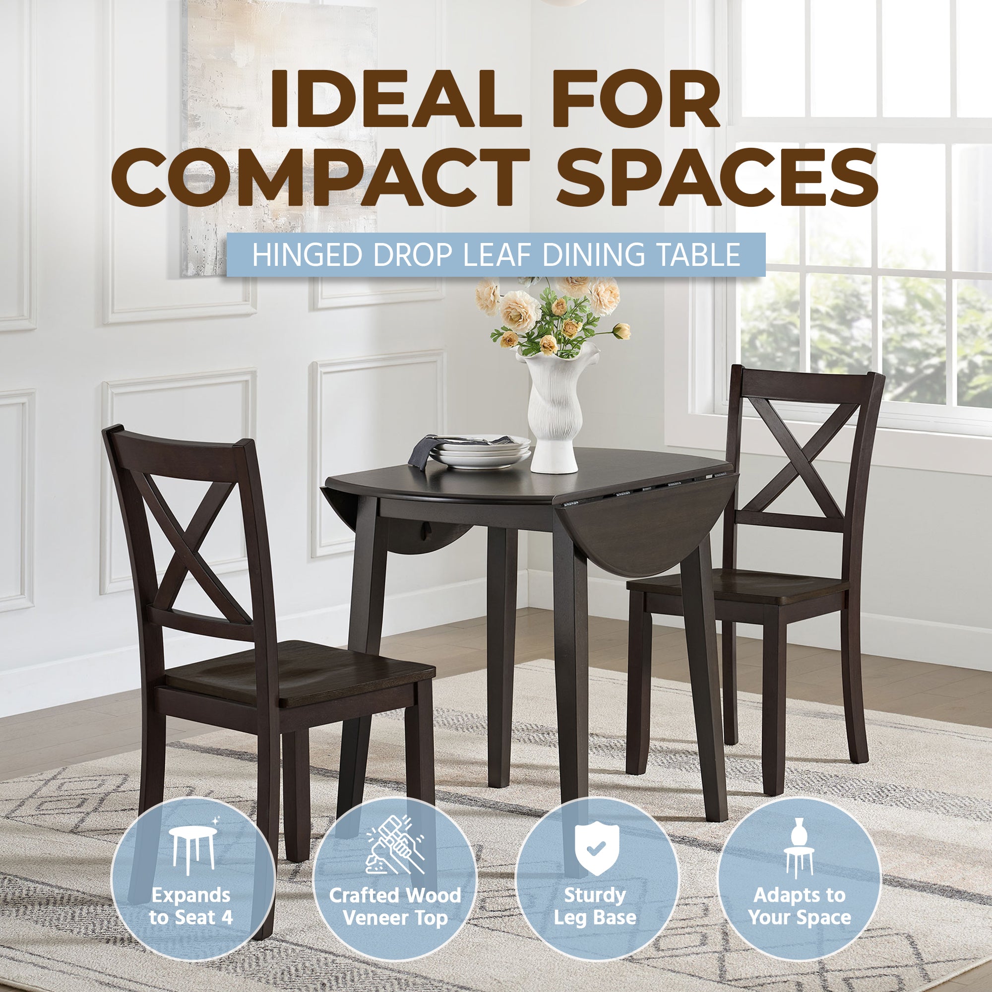 ROME + OAK Hinged Drop Leaf Dining Table, 22-36" Tabletop, Brown (Open Box)