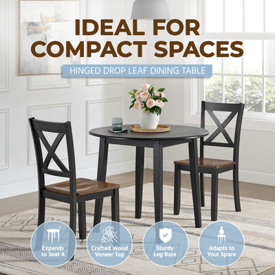 ROME + OAK Hinged Drop Leaf Dining Table, 22 to 36 Inch Round Tabletop, Black
