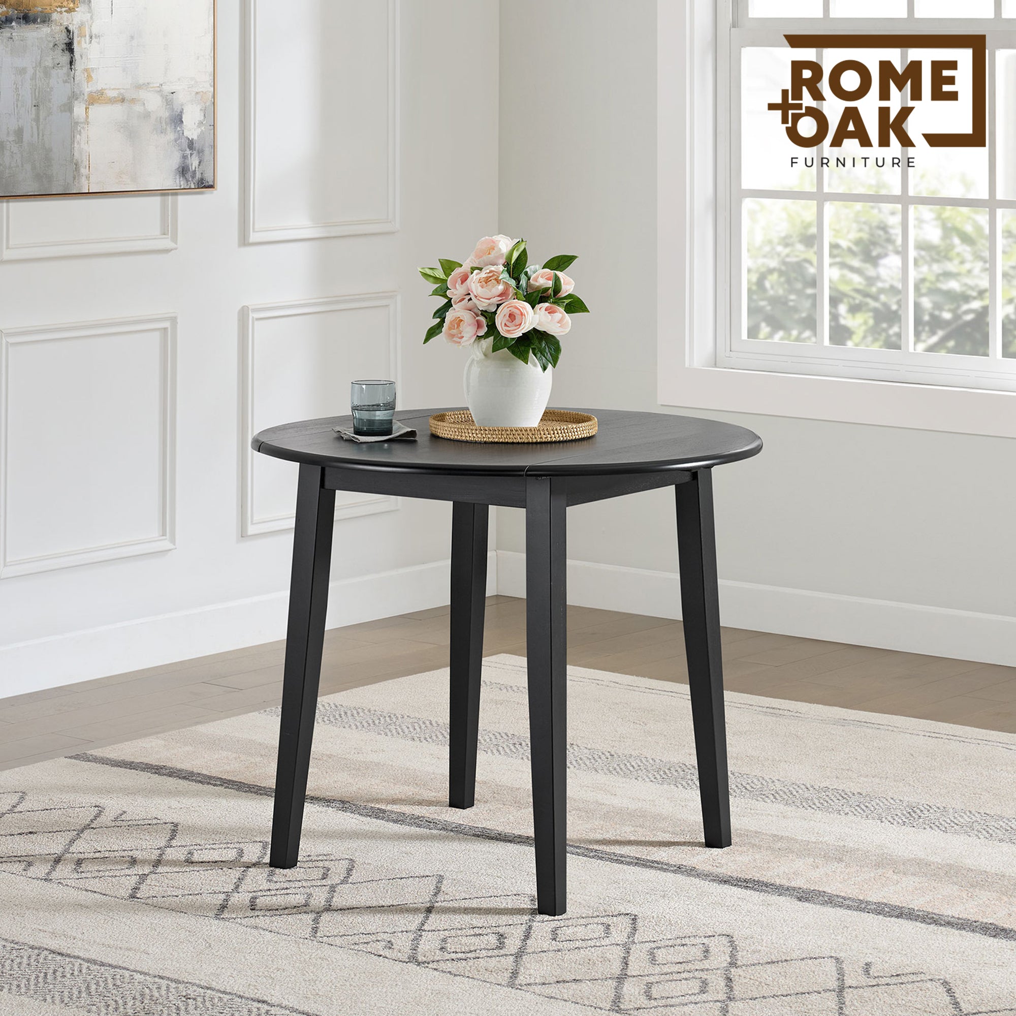 ROME + OAK Drop Leaf Table with Set of 2 X-Back Chairs, Wooden Dining Set, Black