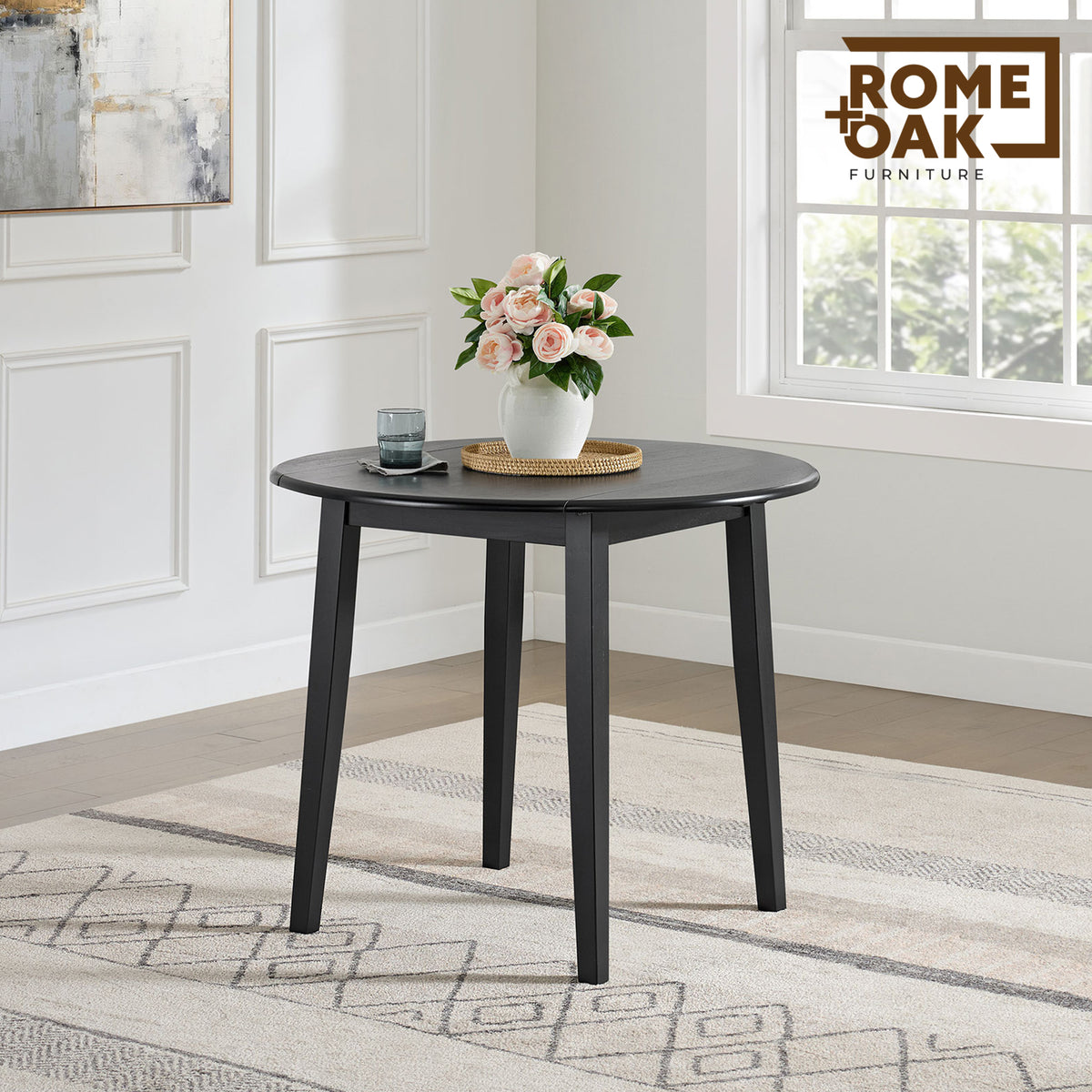 ROME + OAK Dining Set w/2 Remy Grey Fabric Chairs & Drop Leaf 22-36" Table,Black