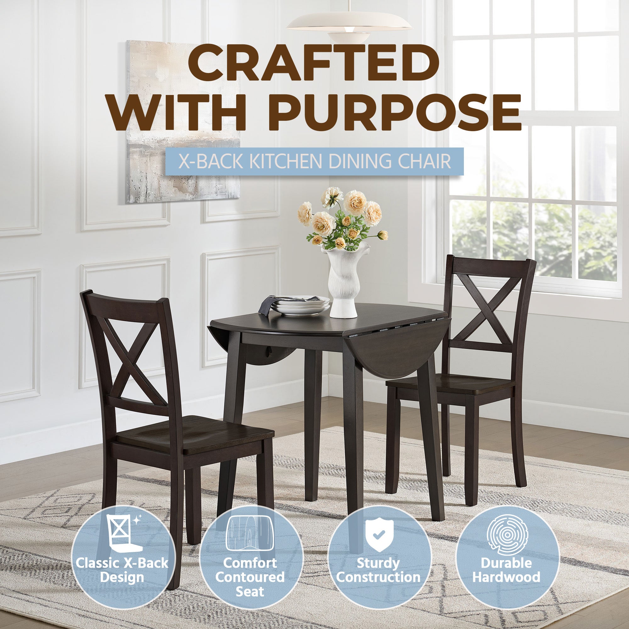 ROME + OAK Farmhouse Dining Set with 40" Round Table and 4 Chairs, Dark Brown