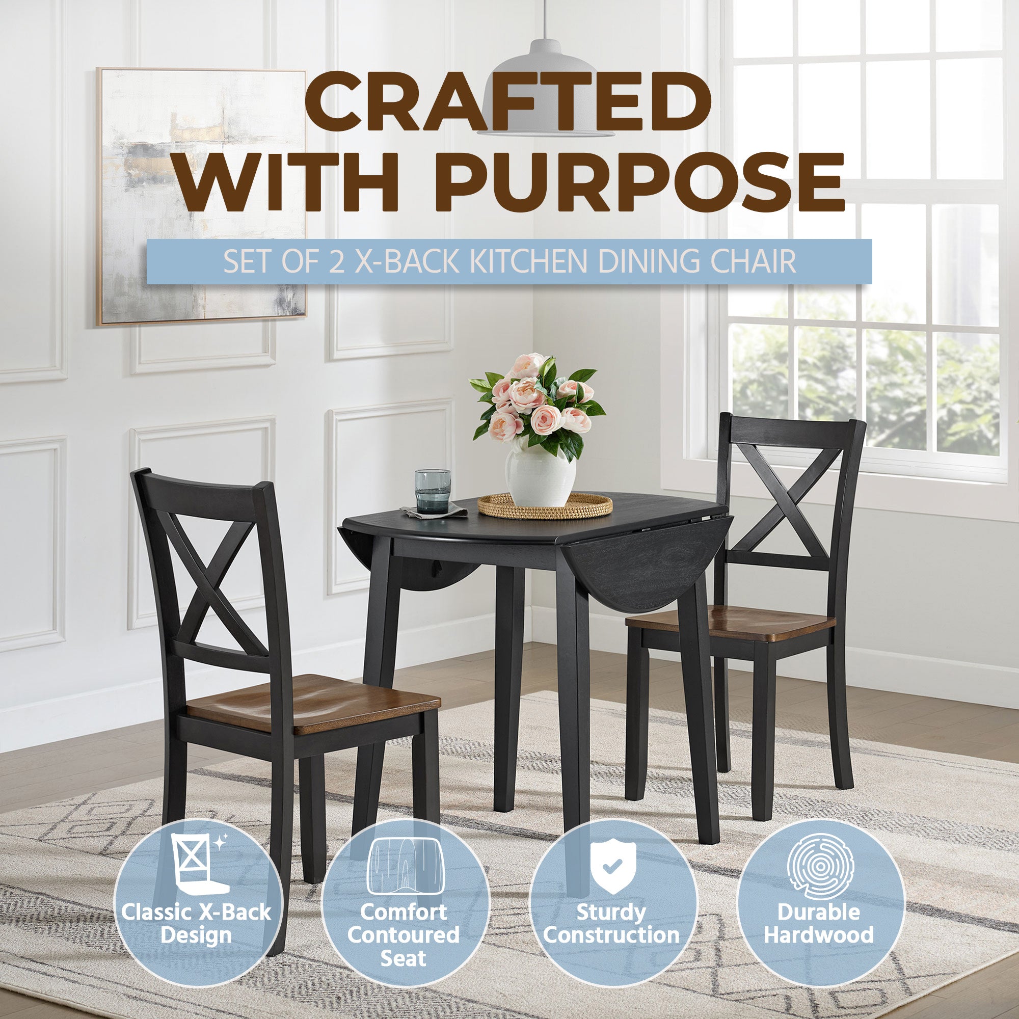 ROME + OAK X-Back Farmhouse Wooden Kitchen Dining Chair in Black/Brown, (Used) - VMInnovations