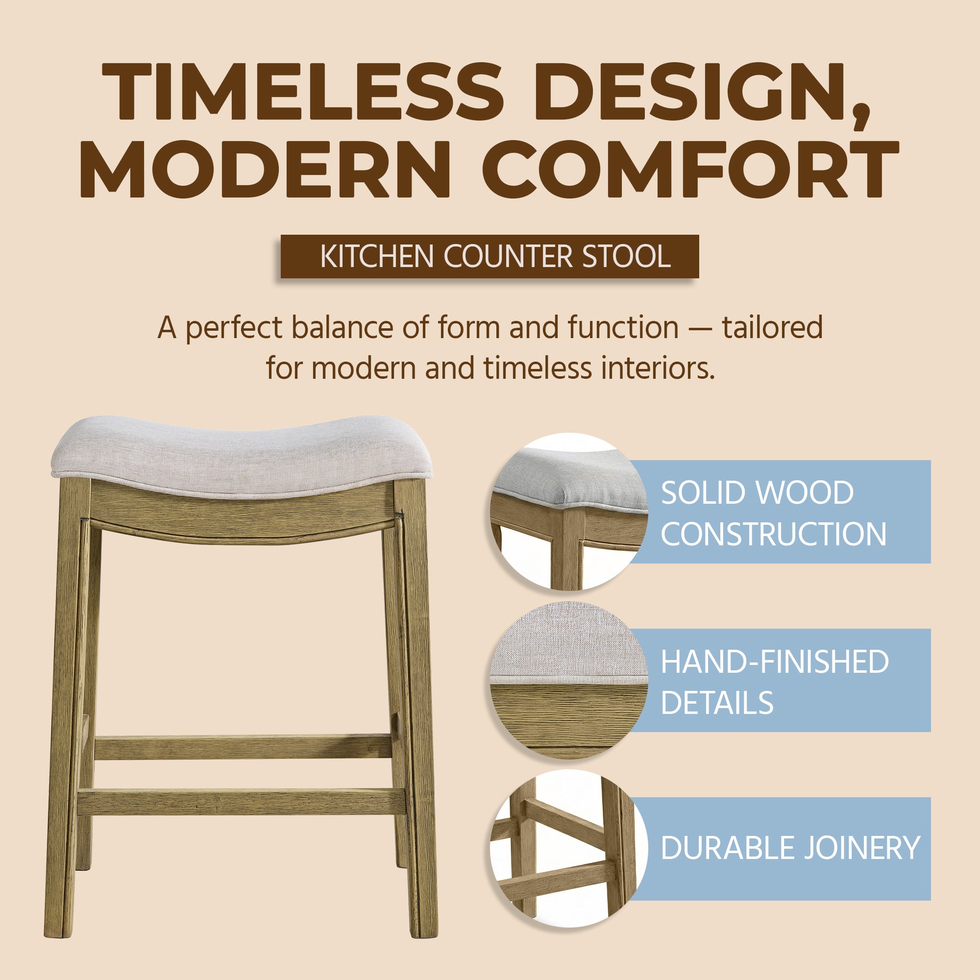 ROME + OAK Parker Backless Saddle Kitchen Counter Stool, Natural (Open Box) - VMInnovations