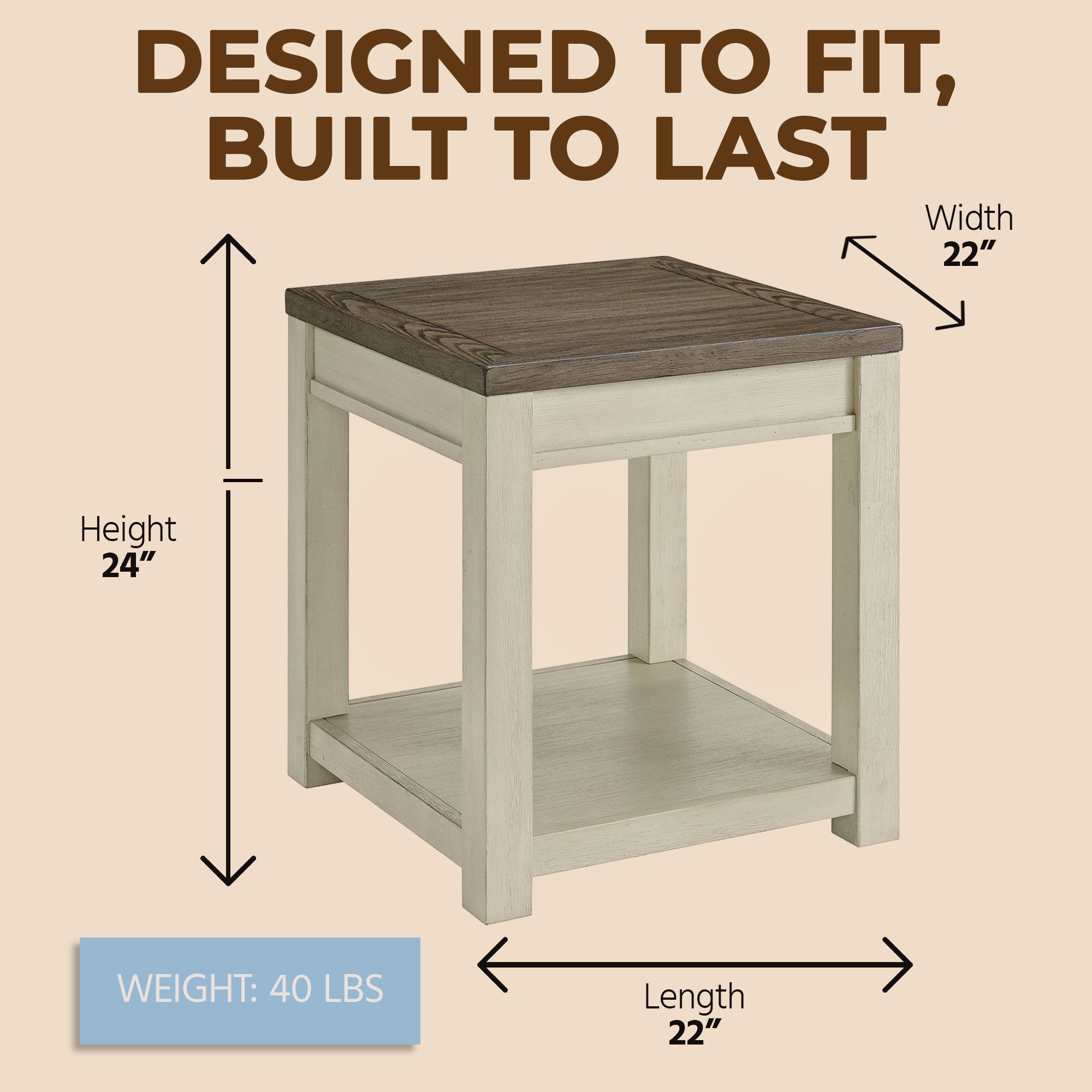 ROME + OAK Tate Farmhouse Wood End Table with Shelf, Brown and Cream, 2 Pack