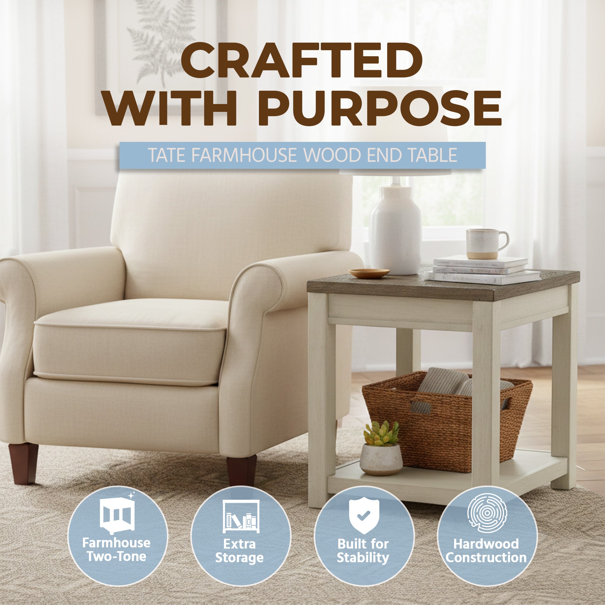 ROME + OAK Tate Farmhouse Wood End Table with Shelf, Brown and Cream, 2 Pack