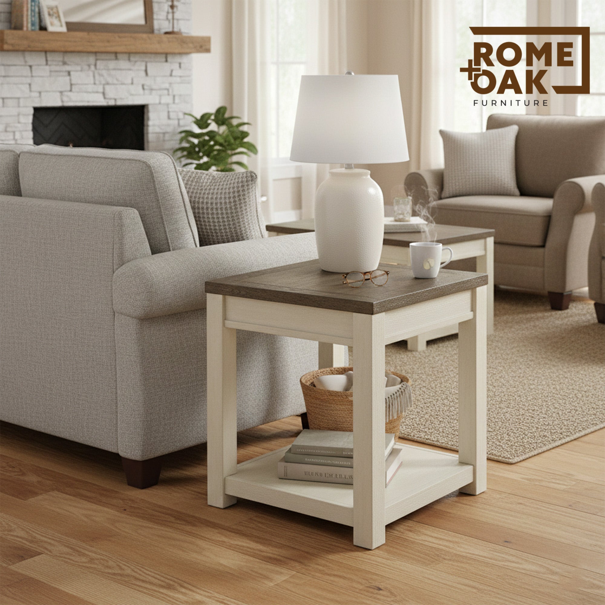 ROME + OAK Tate Farmhouse Wood End Table with Shelf, Brown and Cream, 2 Pack