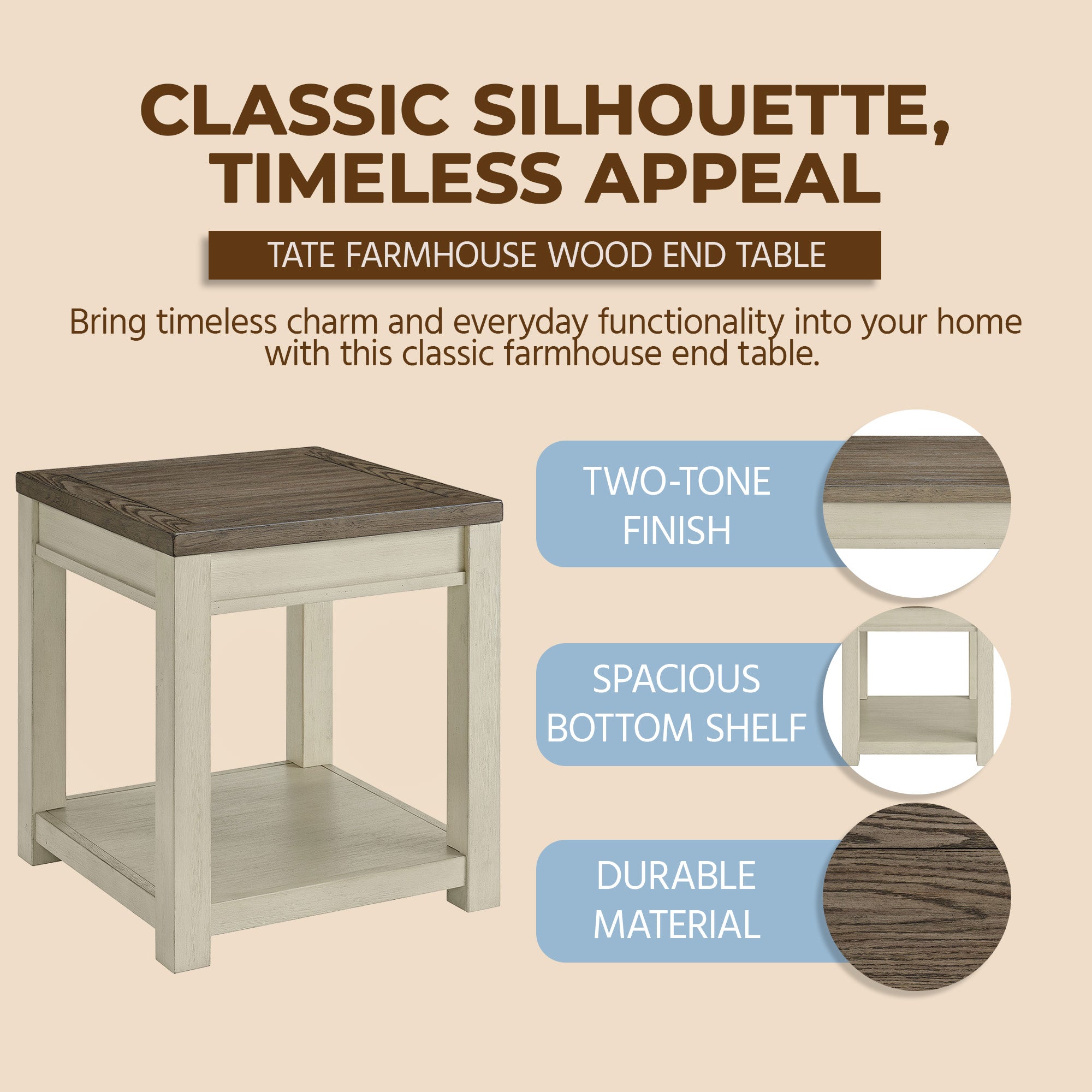 ROME + OAK Tate Farmhouse Wood End Table with Shelf, Brown and Cream, 2 Pack