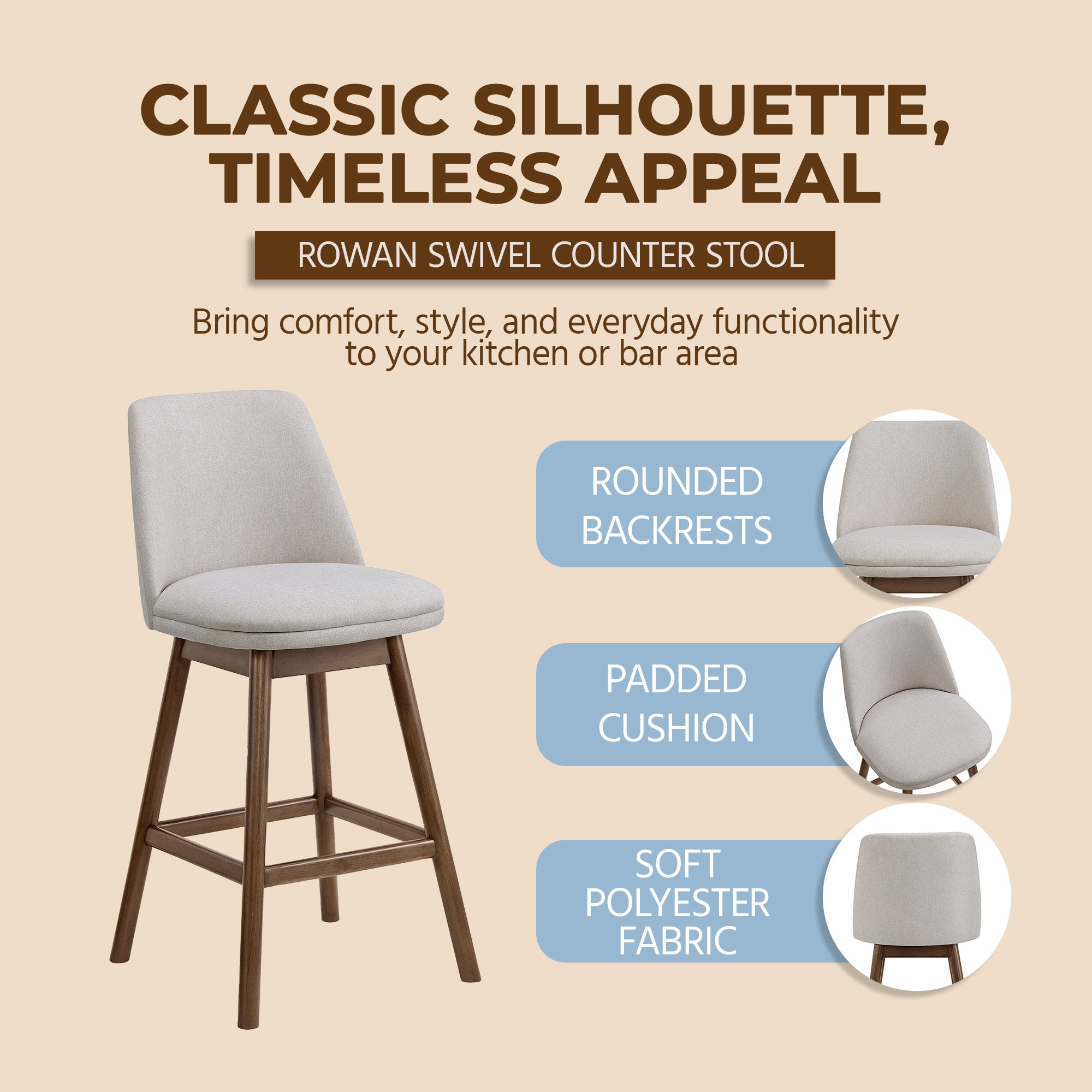 ROME + OAK Rowan 26" Swivel Counter Stool, Walnut, Soft Linen Fabric, Set of 4