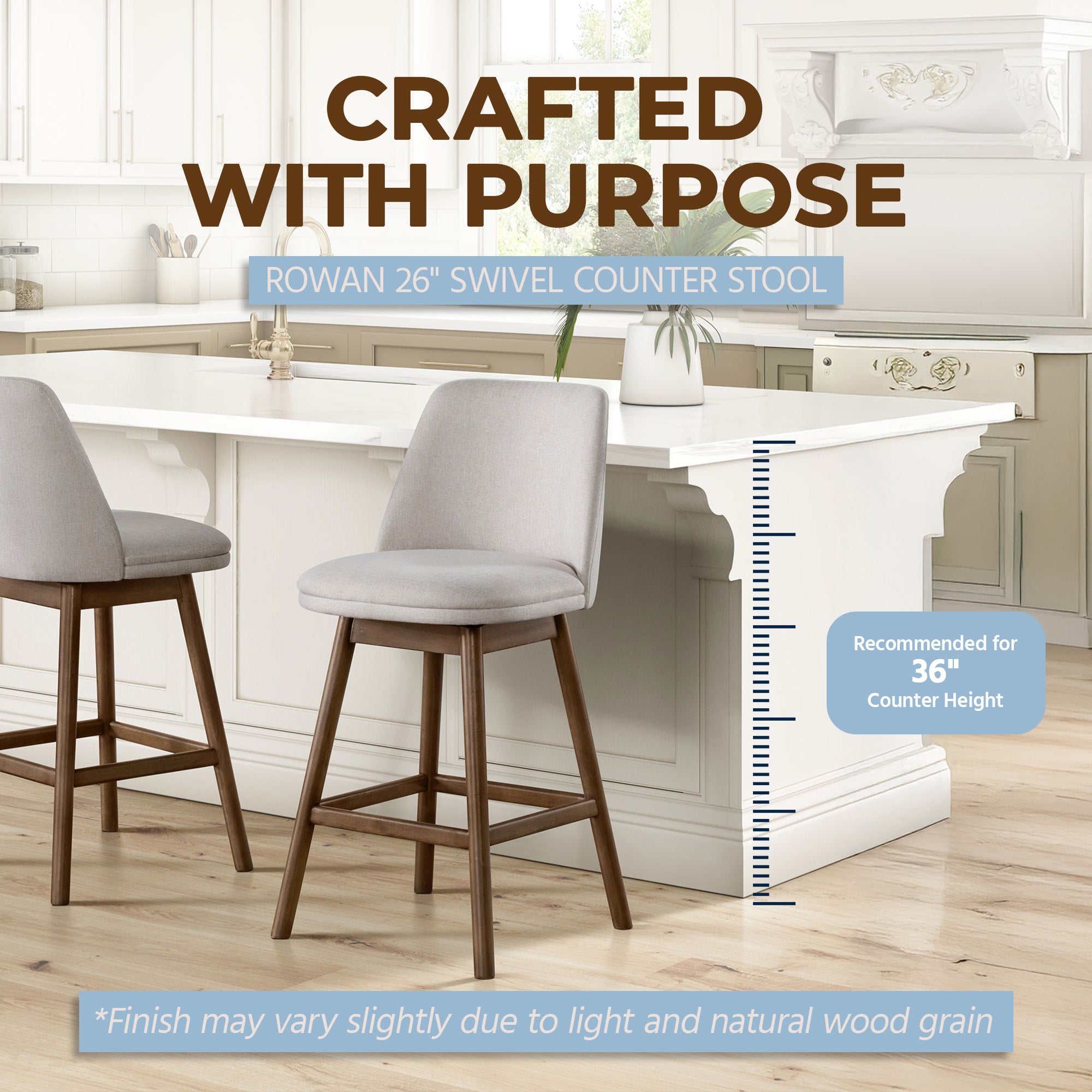 ROME + OAK Rowan 26" Swivel Counter Stool, Walnut, Soft Linen Fabric, Set of 4