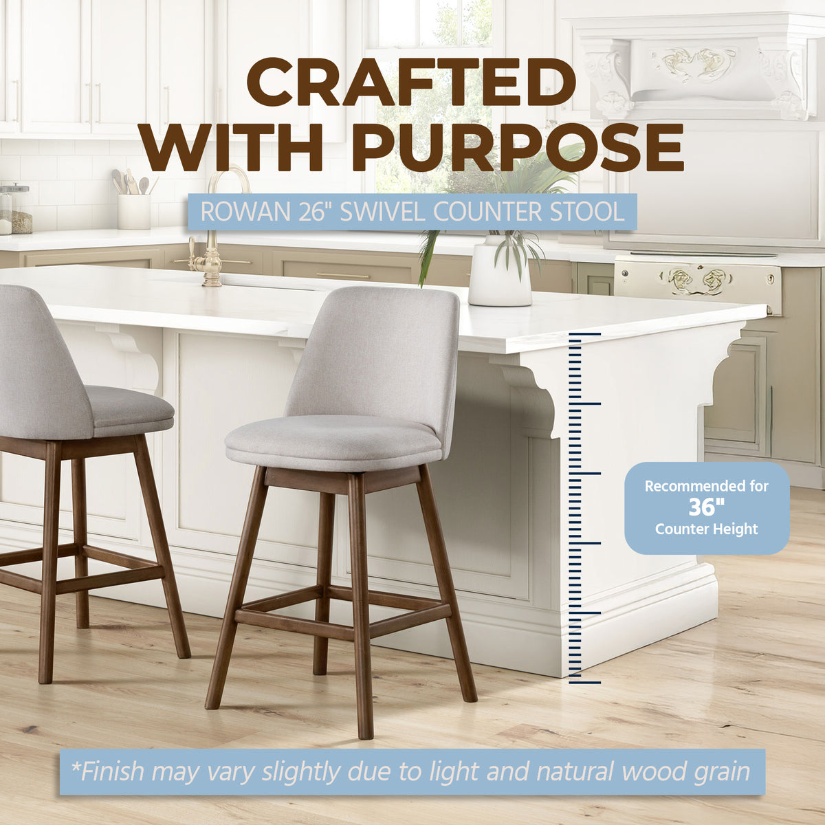 ROME + OAK Rowan 26" Swivel Counter Stool, Walnut, Soft Linen Fabric, Set of 4