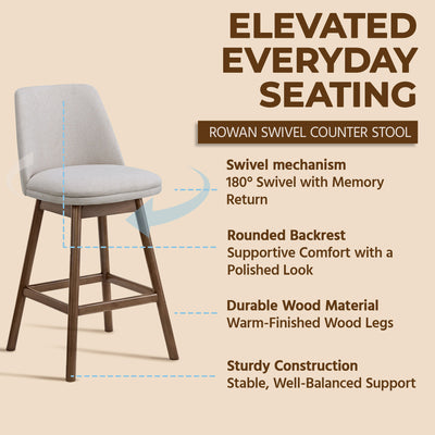 ROME + OAK Rowan 26" Swivel Counter Stool, Walnut, Soft Linen Fabric, Set of 2