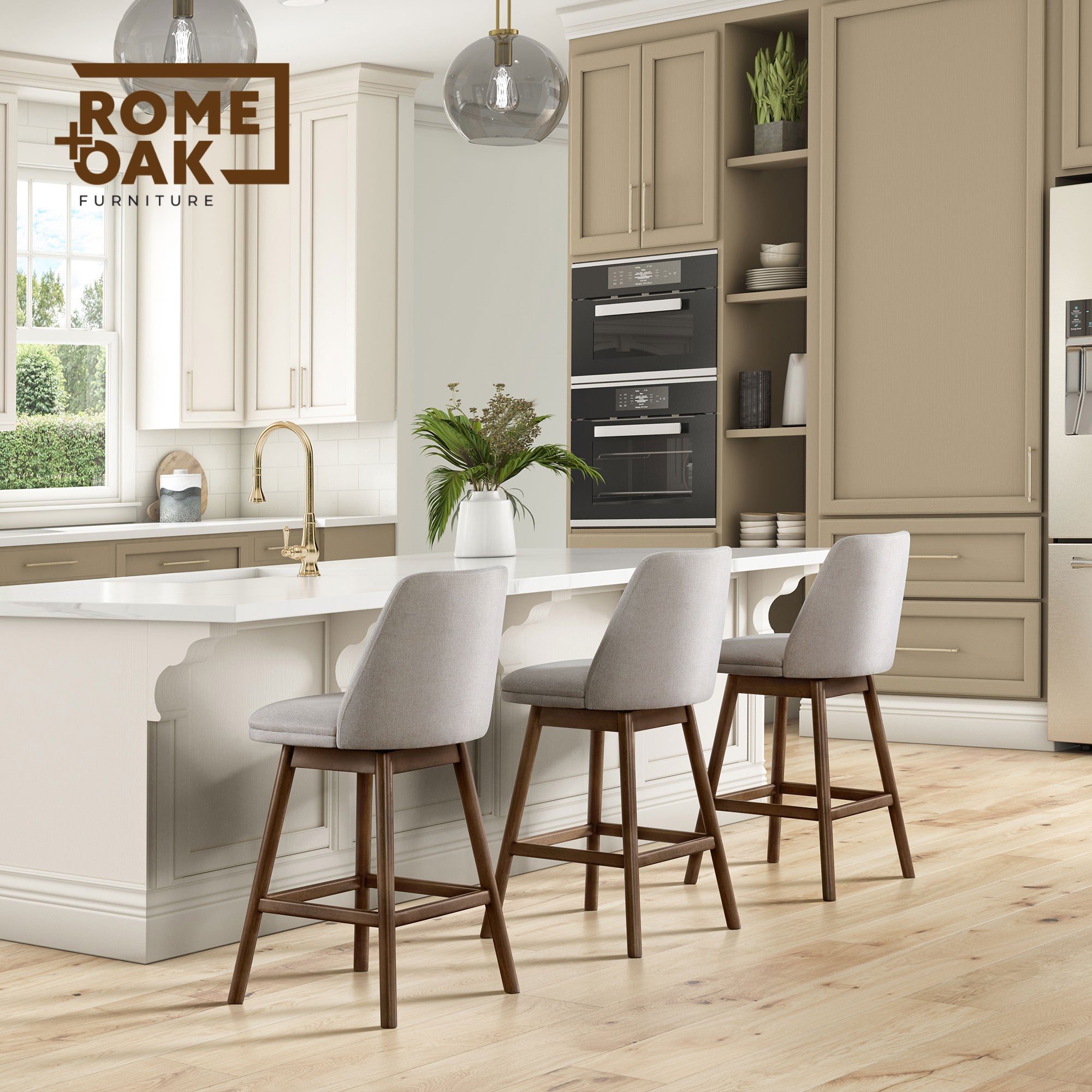 ROME + OAK Rowan 26" Swivel Counter Stool, Walnut, Soft Linen Fabric, Set of 4