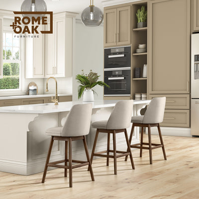ROME + OAK Rowan 26" Swivel Counter Stool, Walnut Finish, Soft Linen Fabric Seat - VMInnovations