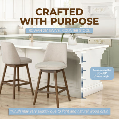 ROME + OAK Rowan 26" Swivel Counter Stool, Walnut Finish, Soft Linen Fabric Seat - VMInnovations