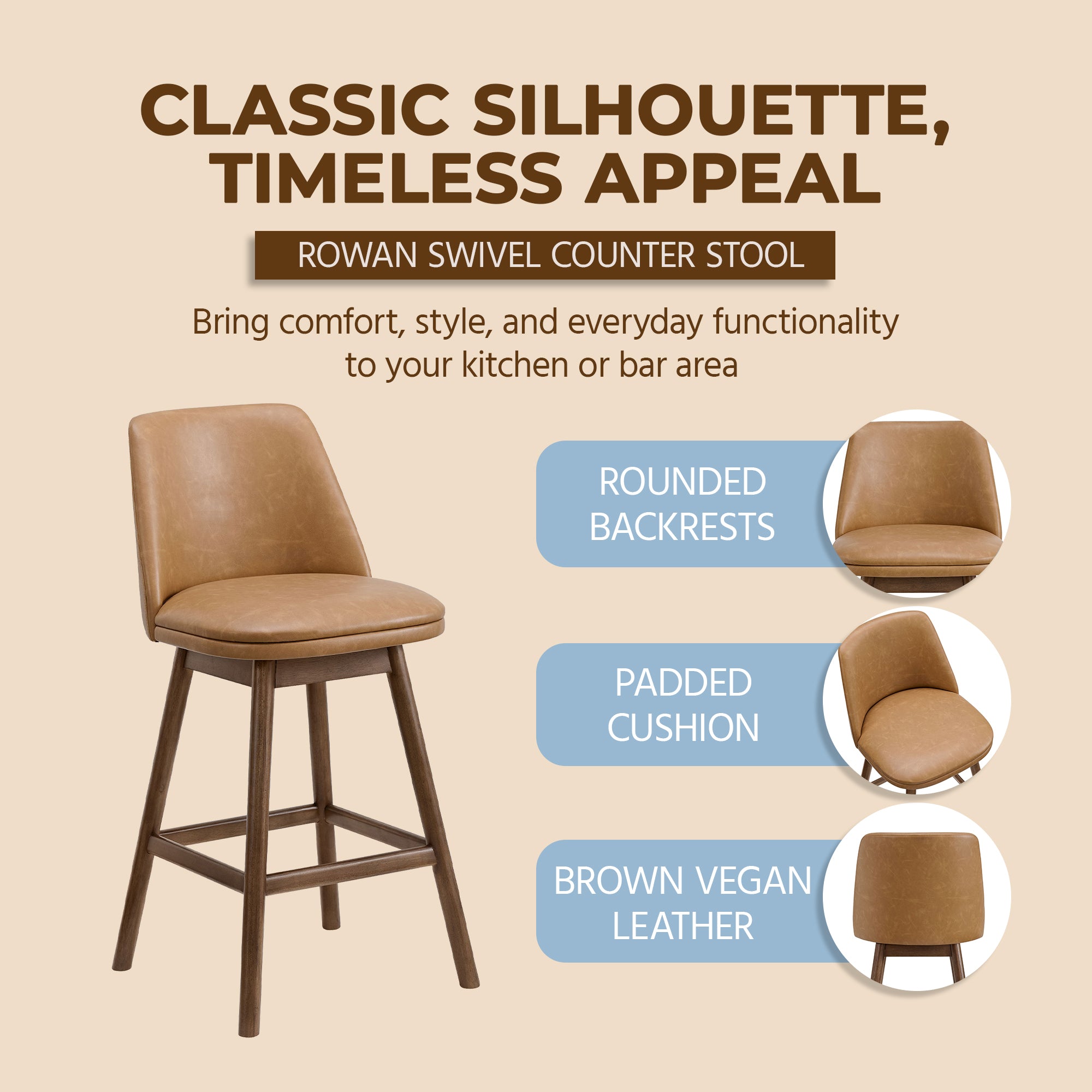 ROME + OAK Rowan 26" Swivel Counter Stool, Walnut Finish (For Parts)