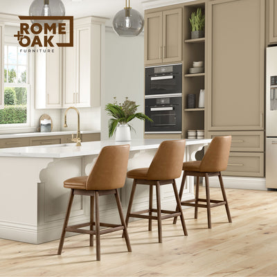 ROME + OAK Rowan 26" Swivel Counter Stool, Walnut Finish & Brown Leather, 3 Pack