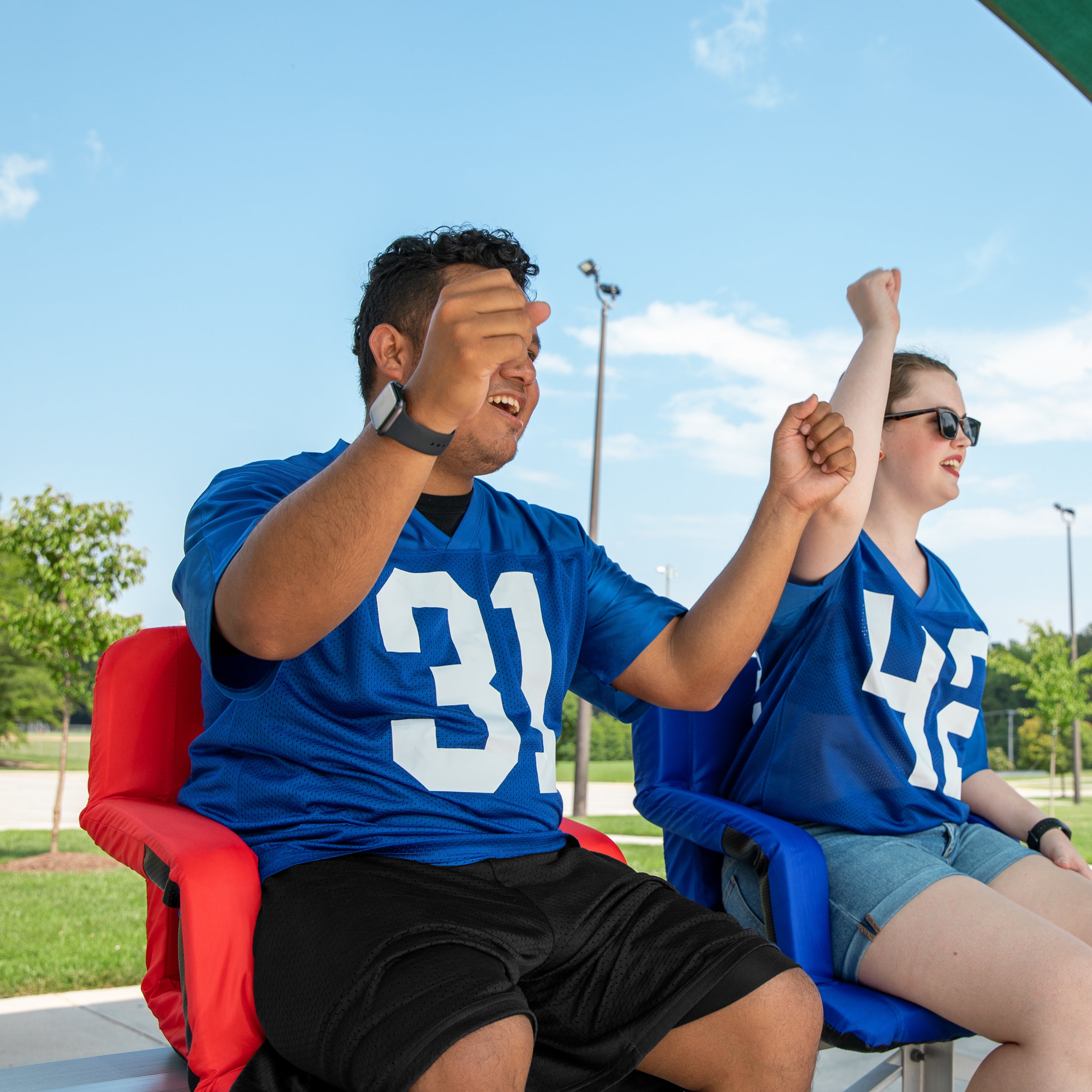 Camco Portable Stadium Seat Foldable Padded Cushion, Back Support, Armrests, Red - VMInnovations