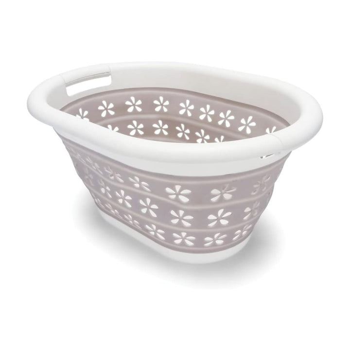 Camco Collapsible Laundry Basket, Plastic Bin, Handles for Storage, Small, Taupe